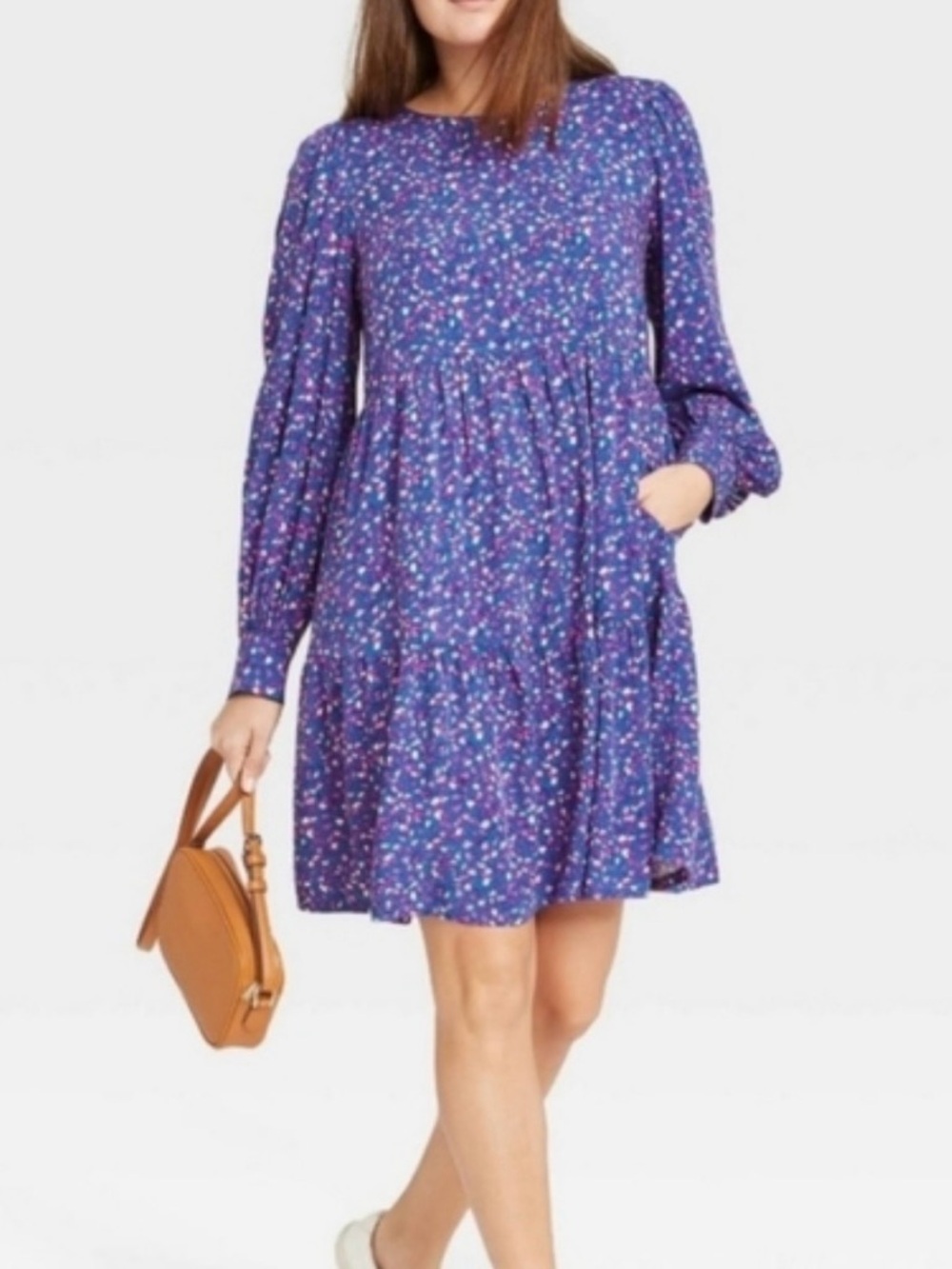 a new day Babydoll Tiered Dress Sz M Teal/Purple Flowy Relaxed Fit